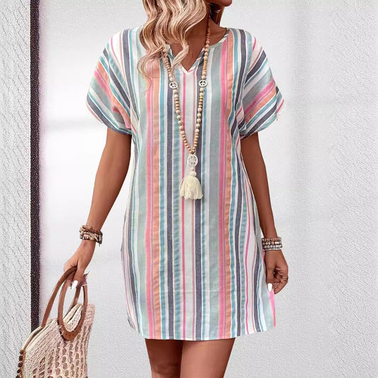 Striped V-neck Casual Short Sleeve Dress