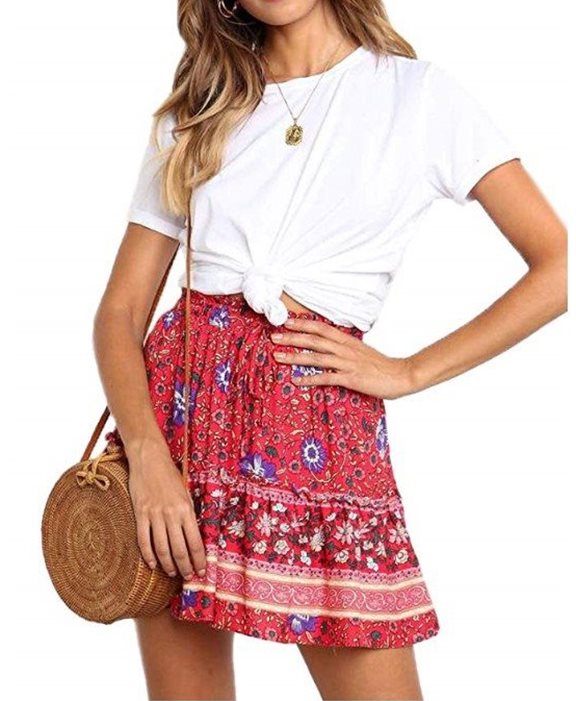 Bohemian Print Lace-up Pleated Ruffle Skirt