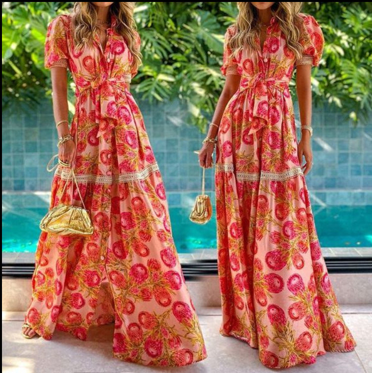 Short Sleeve Bohemian Long Printed Dress