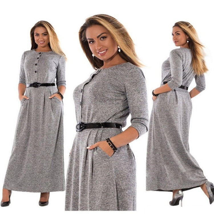 Plus Size Women's Dress Solid Color Long Sleeve High Waist Belt