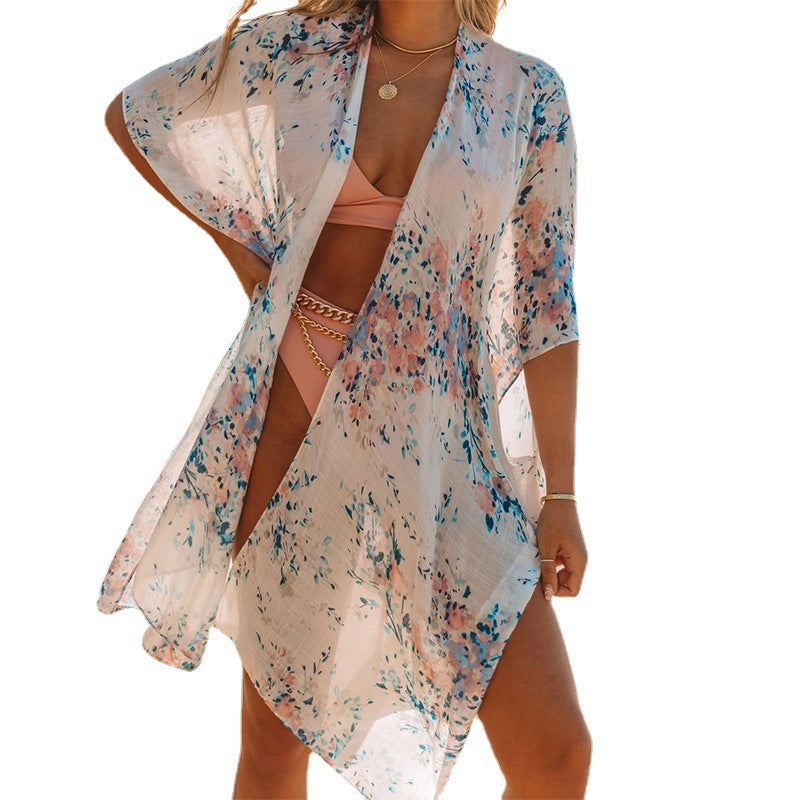 Summer Mid-length Slit Print Loose Beach Cover