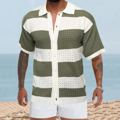 Men's Cardigan Polo Collar Short Sleeve Color Matching Thin