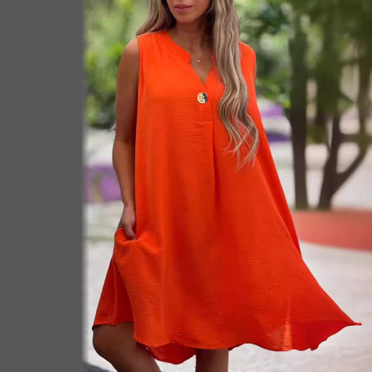 Summer V-neck Sleeveless Dress With Button Decoration