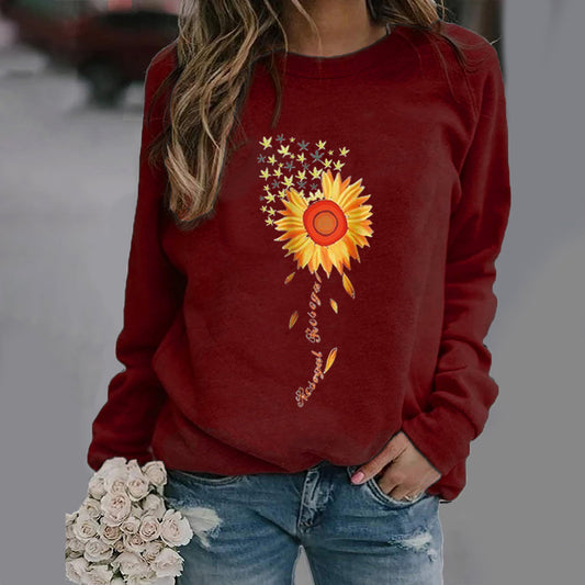 Sunflower Pattern Printing Long Sleeve Crew Neck Sweater