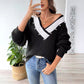 Women's Pearl Beaded Top Color Contrast Patchwork