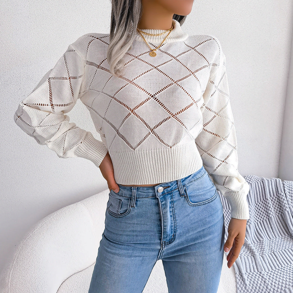 Hollow Plaid Long Sleeves Cropped Knitted Sweater