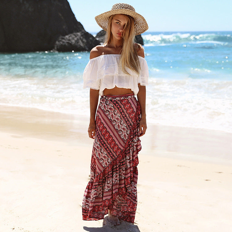 Bohemian Seaside New Printed Split Skirt