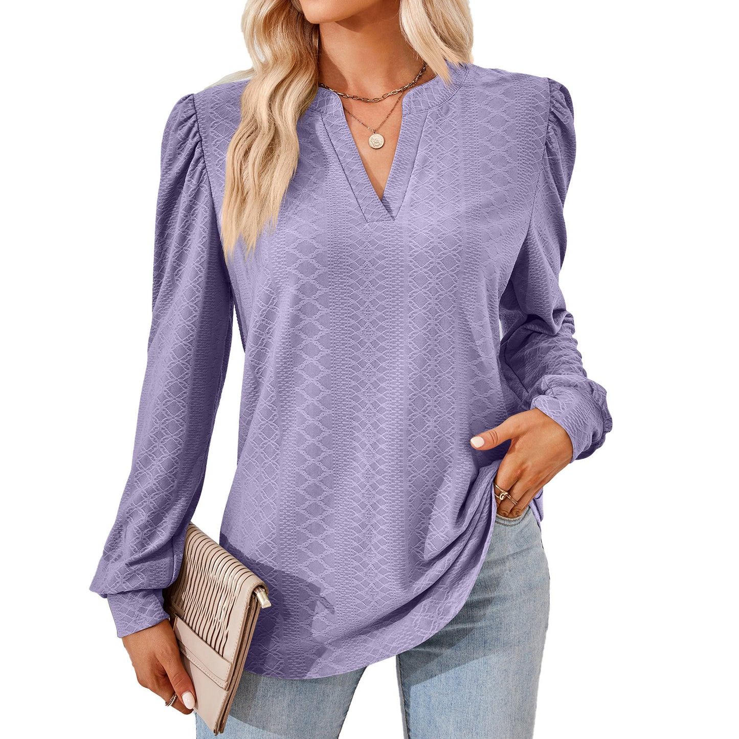 V-neck Jacquard Long Sleeve Loose-fitting T-shirt Top