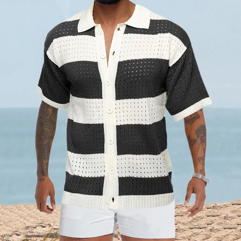 Men's Cardigan Polo Collar Short Sleeve Color Matching Thin