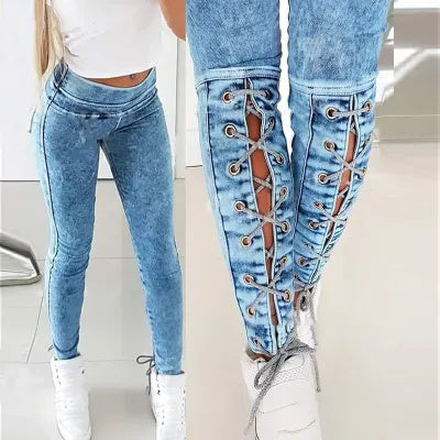 Women's High Waist Lace-up Stretch Skinny Jeans