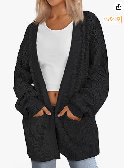 Knitted Loose Patchwork Pocket V-neck Knit Sweater Jacket