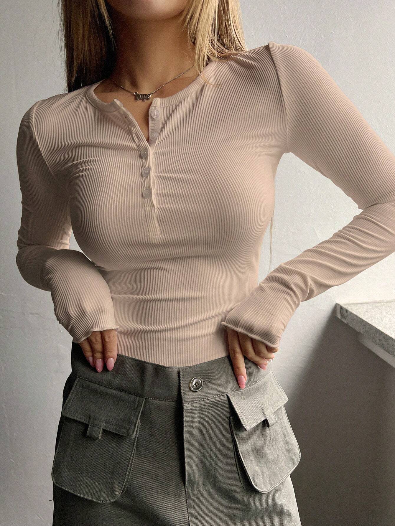 Women's Half Button Threaded Long Sleeve T-shirt