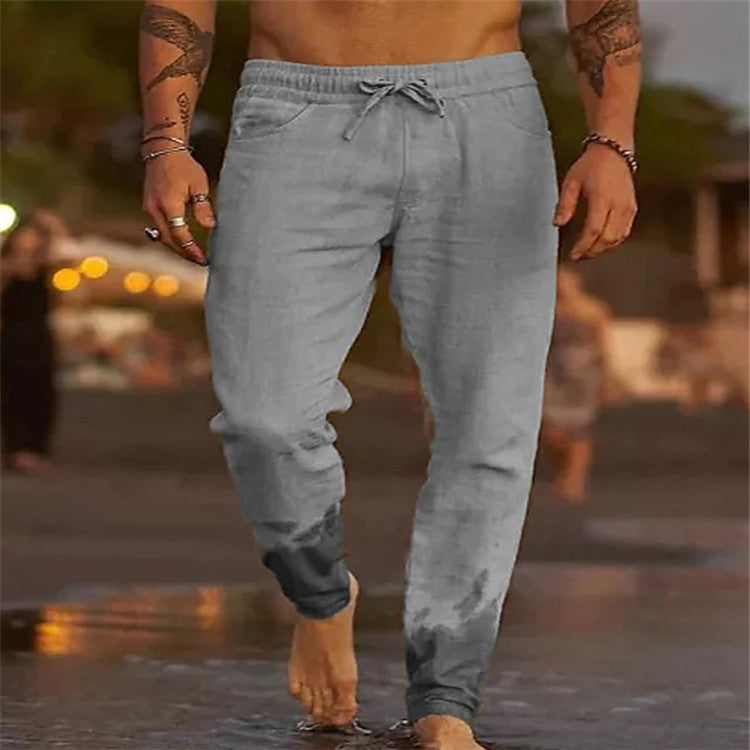 Men's Solid Color Cotton Linen Loose Beach Casual Pants
