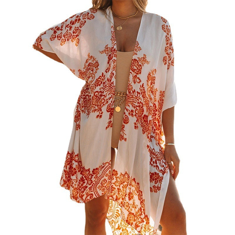 Summer Mid-length Slit Print Loose Beach Cover