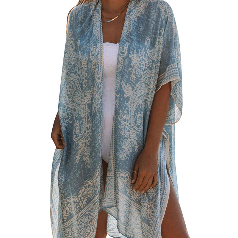 Summer Mid-length Slit Print Loose Beach Cover