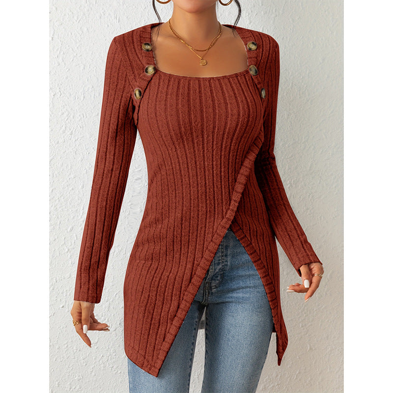 Woman Square-neck Off-shoulder Slit Sweater