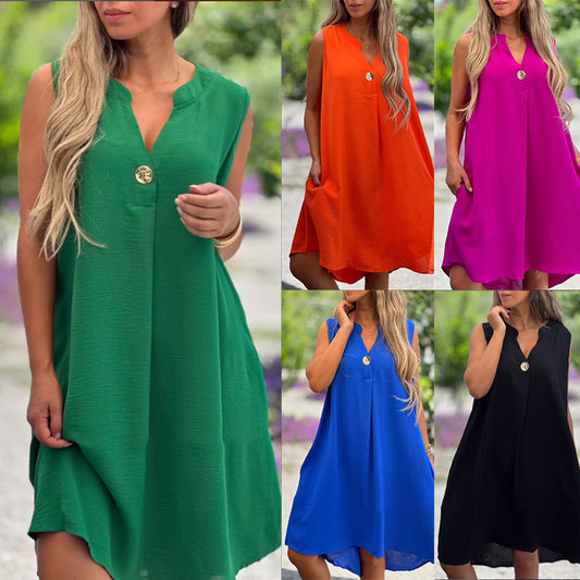 Summer V-neck Sleeveless Dress With Button Decoration