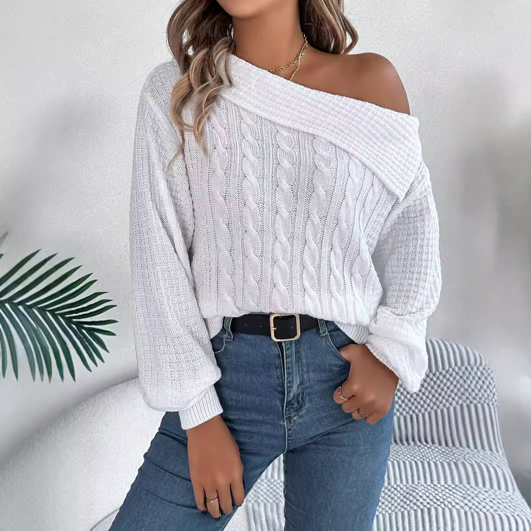 Lapel Off-the-shoulder Twist Long Sleeve Pullover