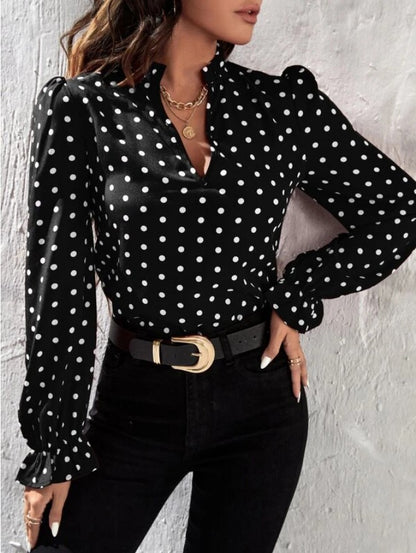 Chiffon Base Slim Fit Pullover Short Polka Dot Long Sleeve T-shirt