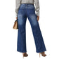 Washed Dark Blue Straight High Elastic Women's Denim Pants