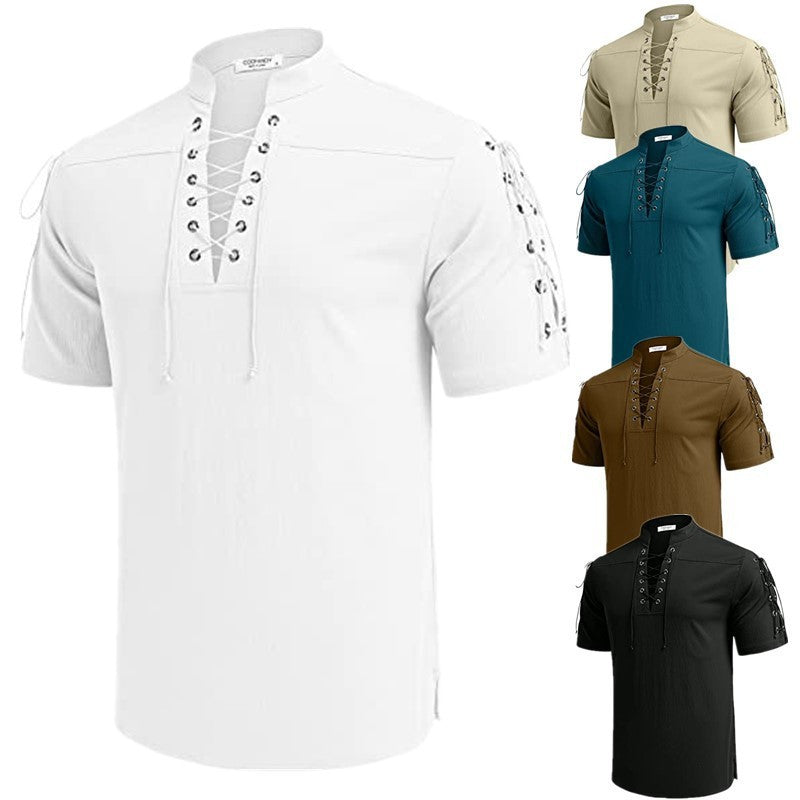 Beach Short Sleeve Lace-up V-neck Pirate Shirt