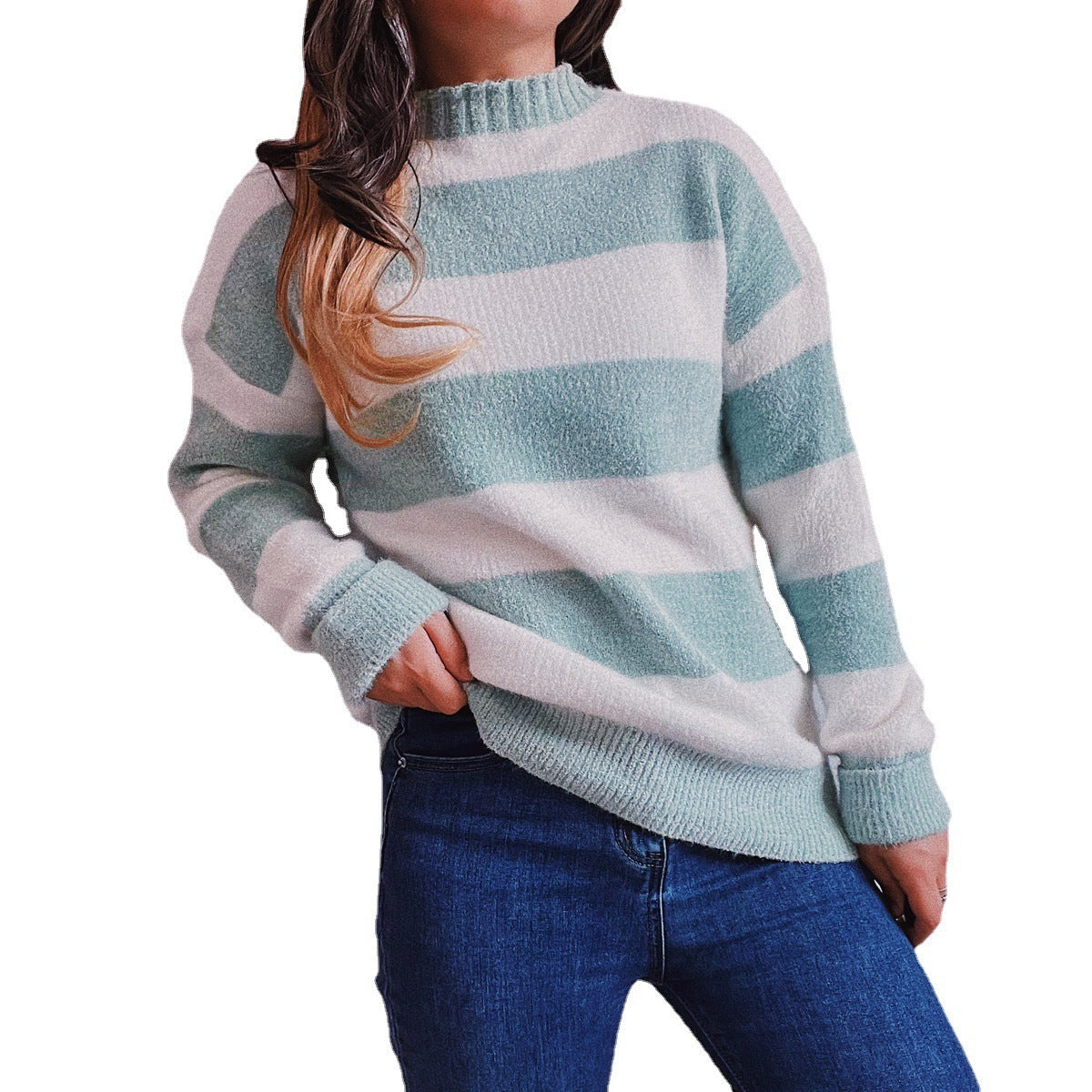 Casual Bold Stripes Candy Color Round Neck Long Sleeve Knitted Pullover