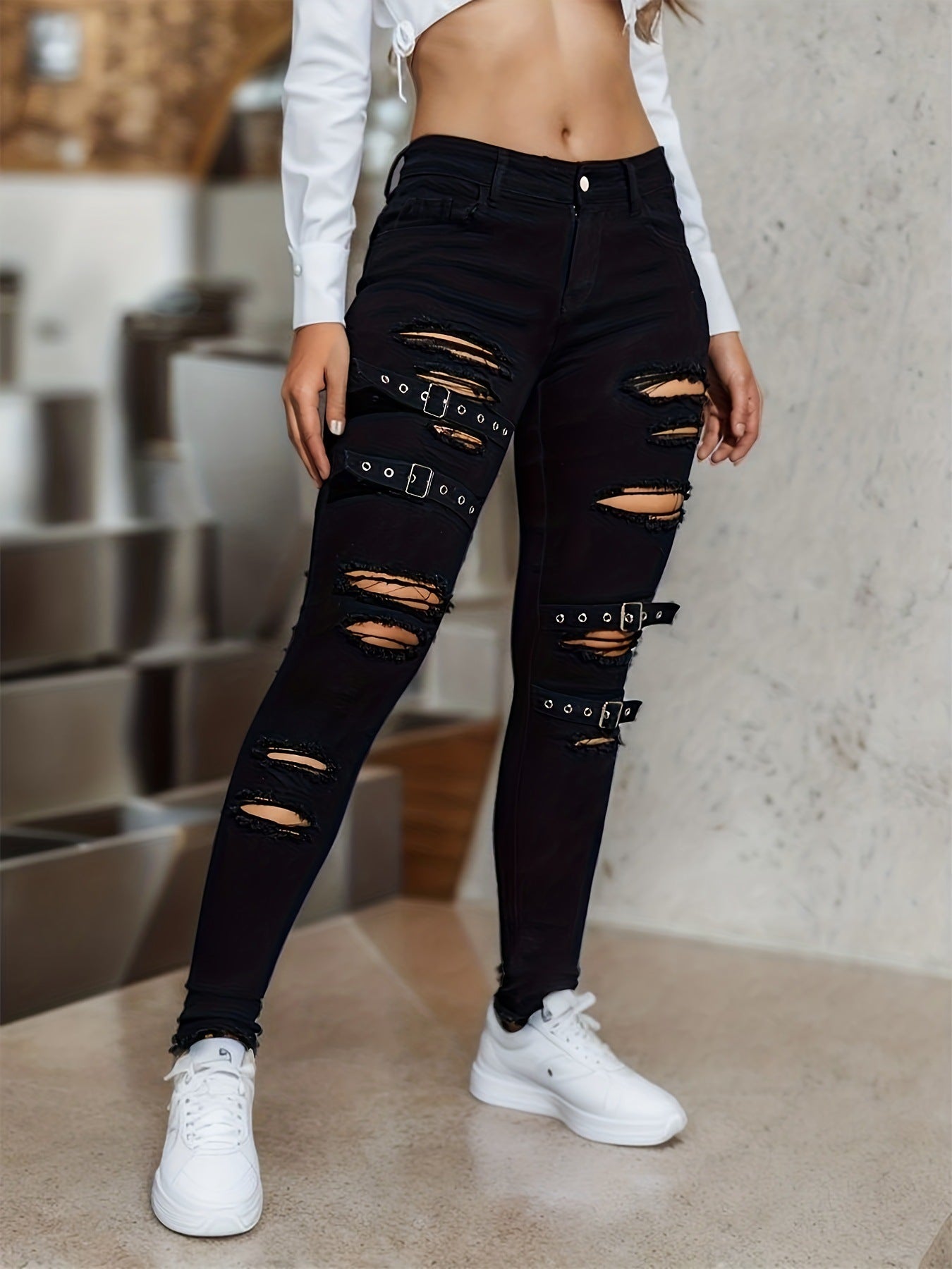 Black Tight Stretch Skinny Ripped Denim Trousers