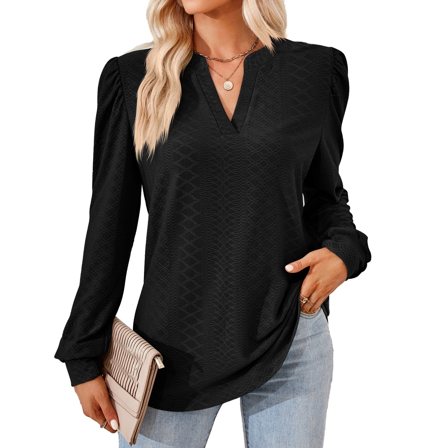 V-neck Jacquard Long Sleeve Loose-fitting T-shirt Top