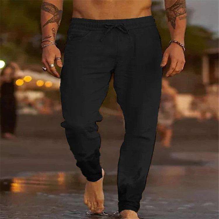 Men's Solid Color Cotton Linen Loose Beach Casual Pants