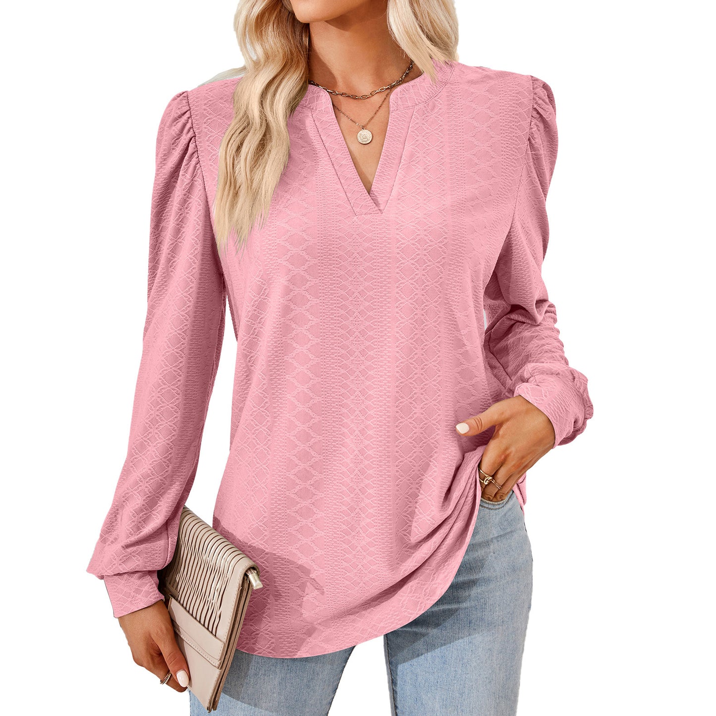 V-neck Jacquard Long Sleeve Loose-fitting T-shirt Top