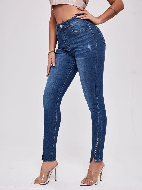 Slim Fit Patchwork High Waist Stretch Jeans