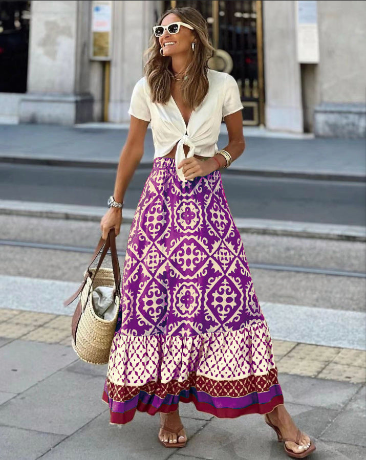 European American Summer Printed Loose Stitching Large Swing Skirt