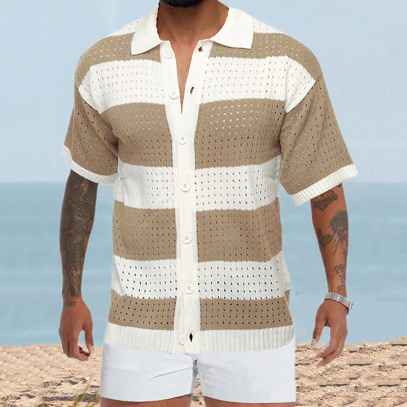 Men's Cardigan Polo Collar Short Sleeve Color Matching Thin