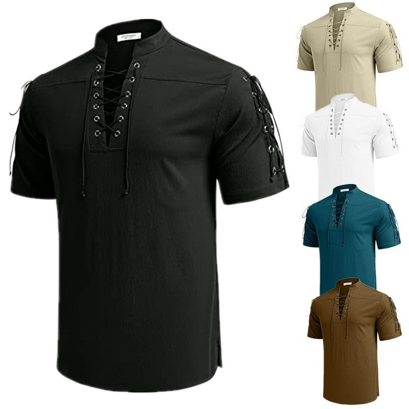 Beach Short Sleeve Lace-up V-neck Pirate Shirt