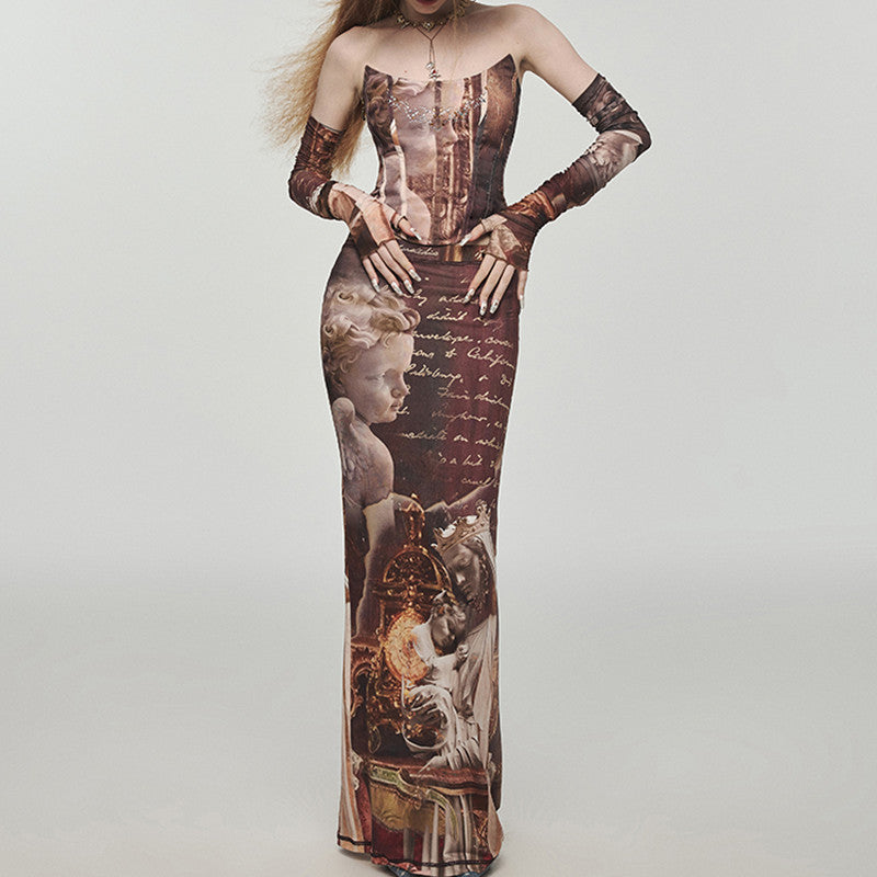 Ladies Design Printed Hip Cover Slim One Step Long Dress