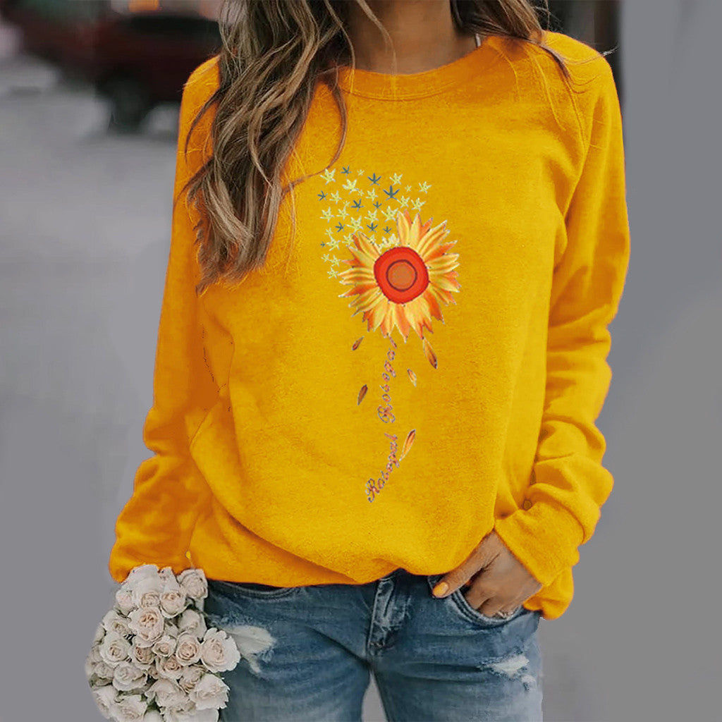 Sunflower Pattern Printing Long Sleeve Crew Neck Sweater