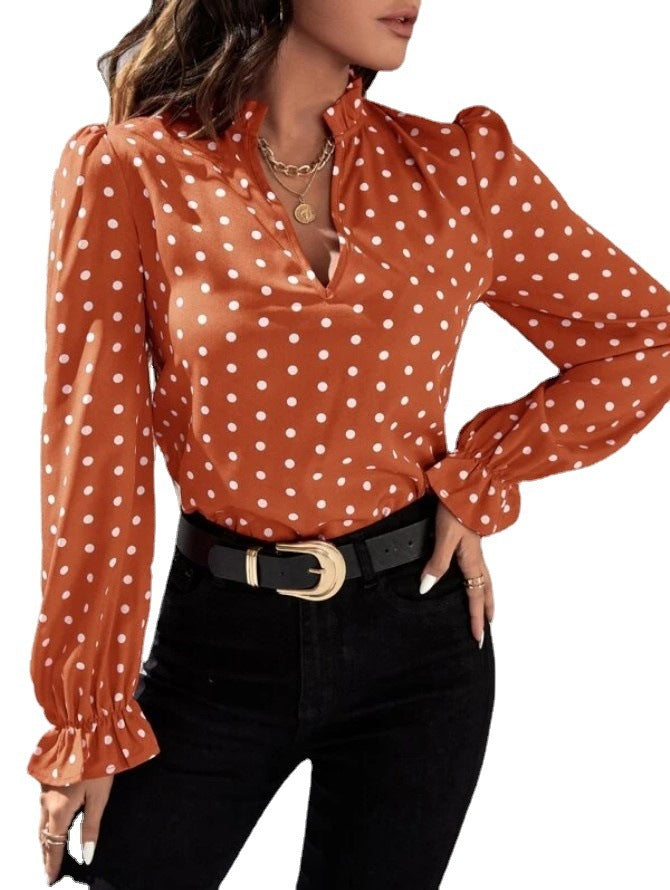 Chiffon Base Slim Fit Pullover Short Polka Dot Long Sleeve T-shirt