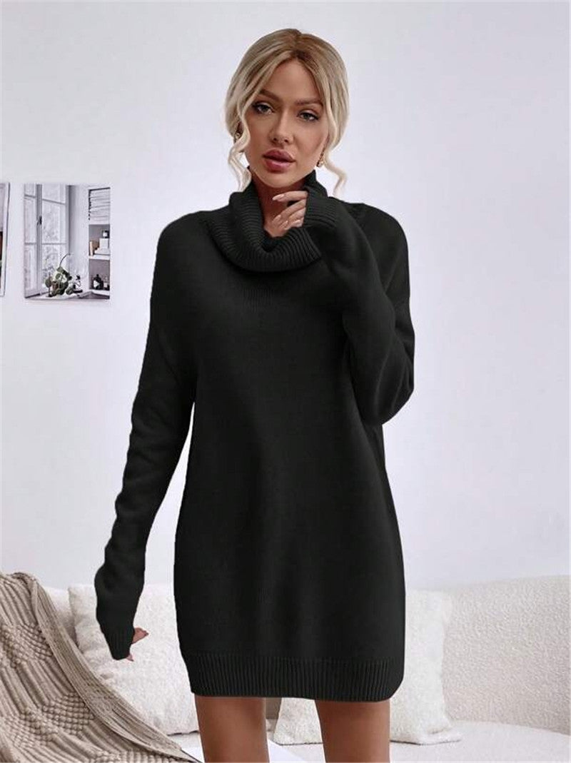 Solid Color Loose High Collar Knitted Dress