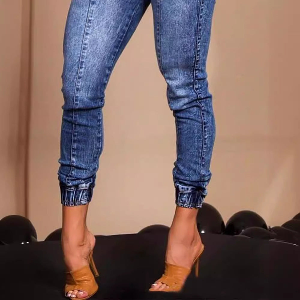 Women's Elastic Waist Lace Up Slim Fit Jeans