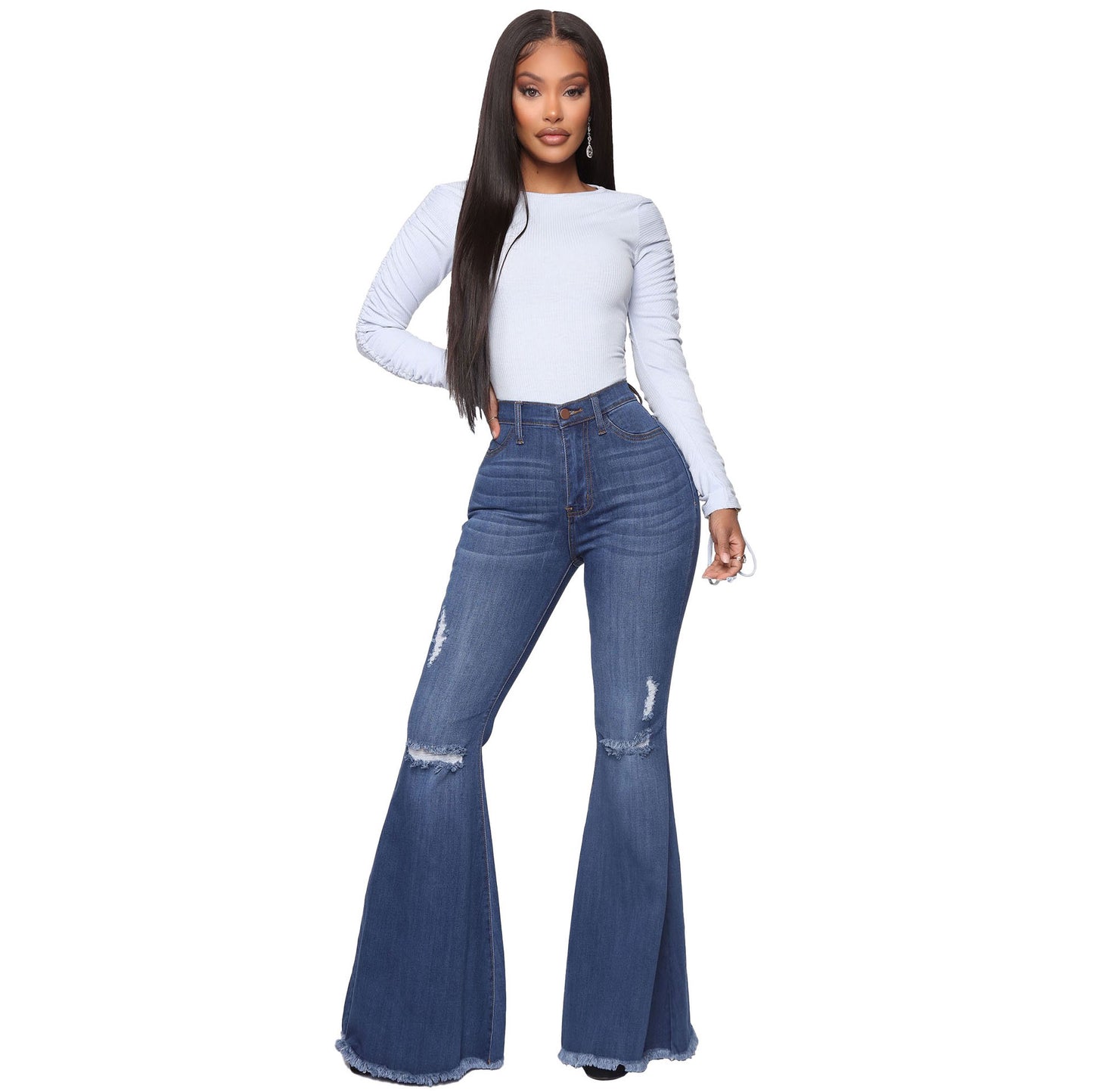 Women's Knee Hole Denim Flared Pants