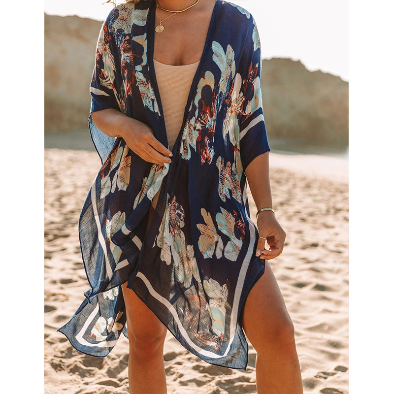 Summer Mid-length Slit Print Loose Beach Cover