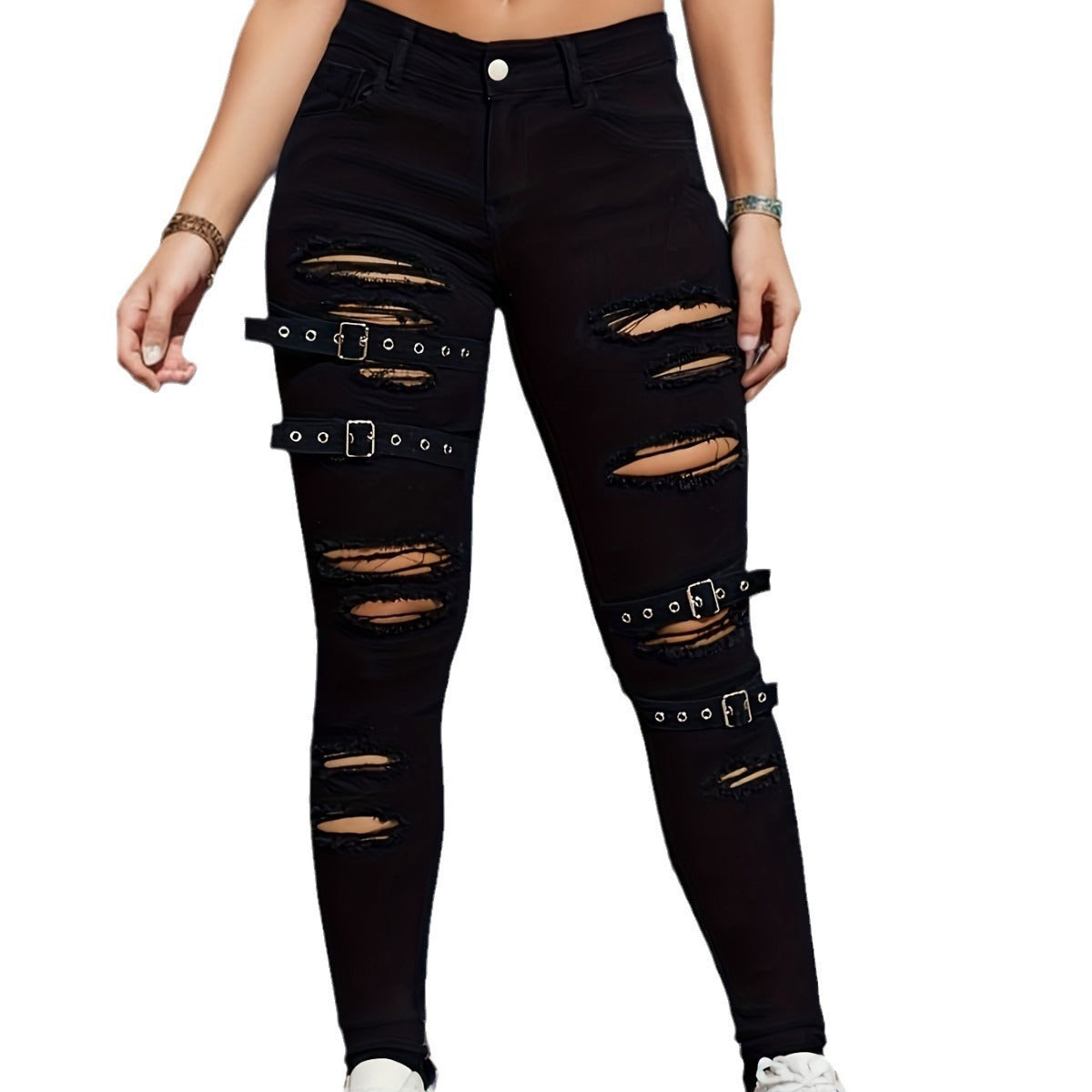 Black Tight Stretch Skinny Ripped Denim Trousers