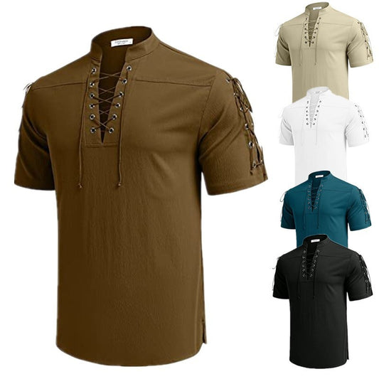 Beach Short Sleeve Lace-up V-neck Pirate Shirt