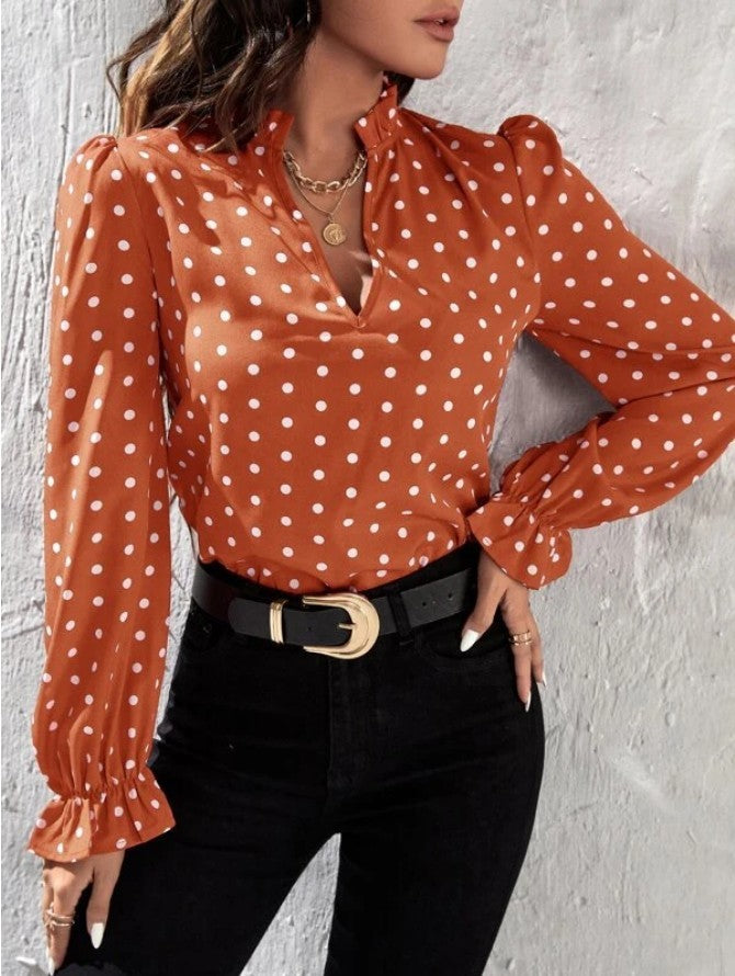 Chiffon Base Slim Fit Pullover Short Polka Dot Long Sleeve T-shirt