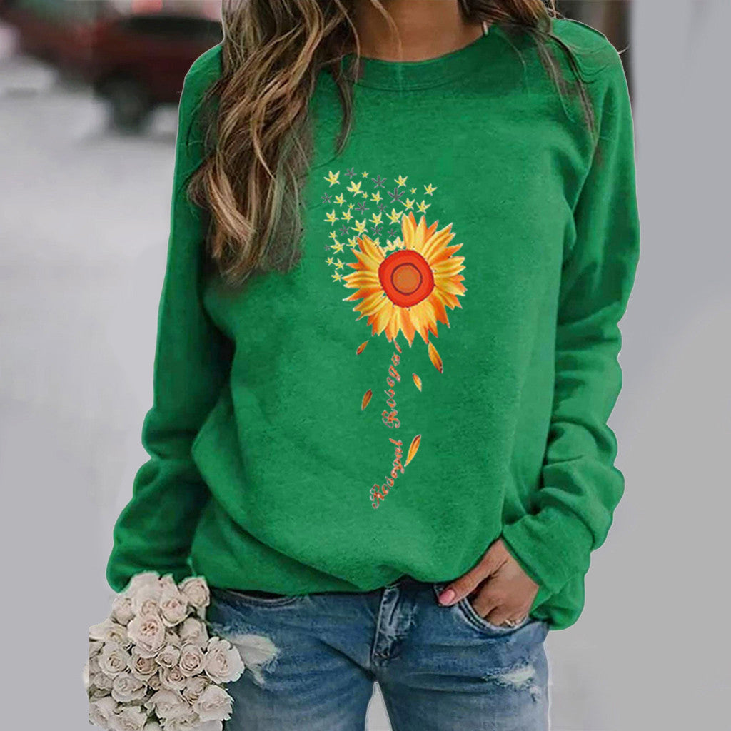 Sunflower Pattern Printing Long Sleeve Crew Neck Sweater