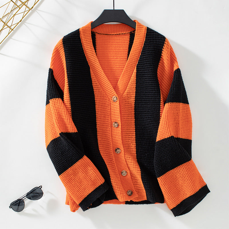 Contrast Color Striped Women's Sweater Cardigan Loose Sweater