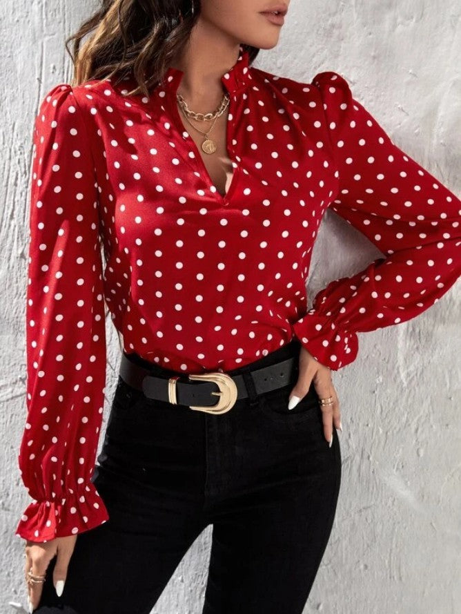 Chiffon Base Slim Fit Pullover Short Polka Dot Long Sleeve T-shirt