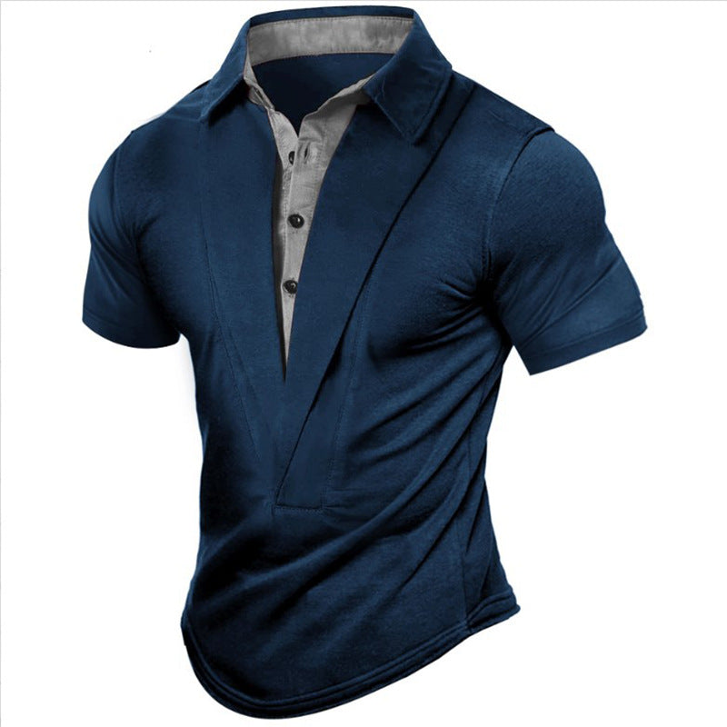 Color Block Short Sleeve Shirt Stand-up Collar Slim Fit