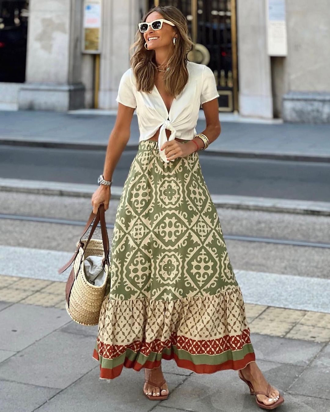 European American Summer Printed Loose Stitching Large Swing Skirt