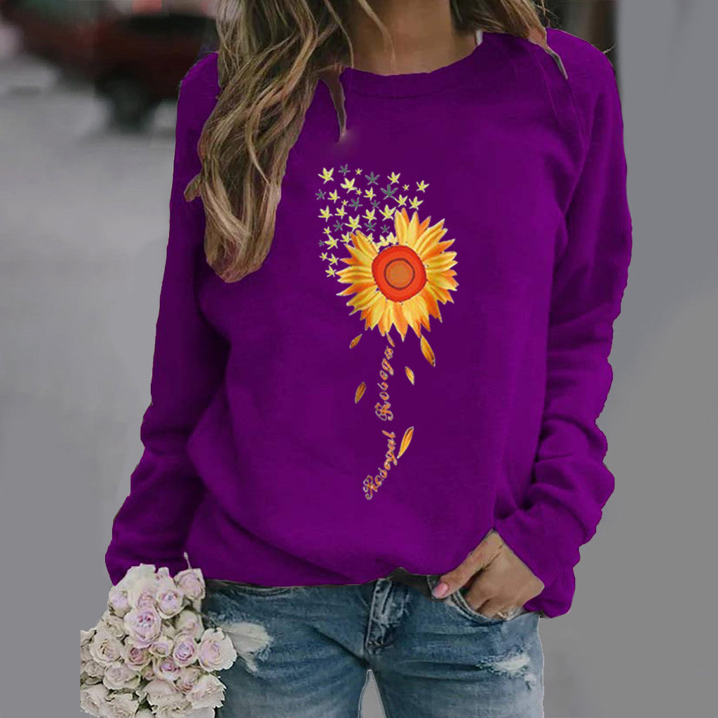 Sunflower Pattern Printing Long Sleeve Crew Neck Sweater